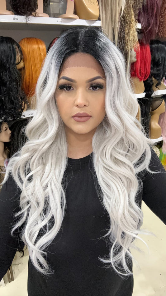 #26 Nadia - Middle Part Lace Front Wig Human Hair Blend 26" -1B.GREY