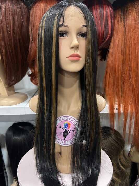 #87 Alexa- Middle Parting Lace Front Wig - Color Black with Highlights