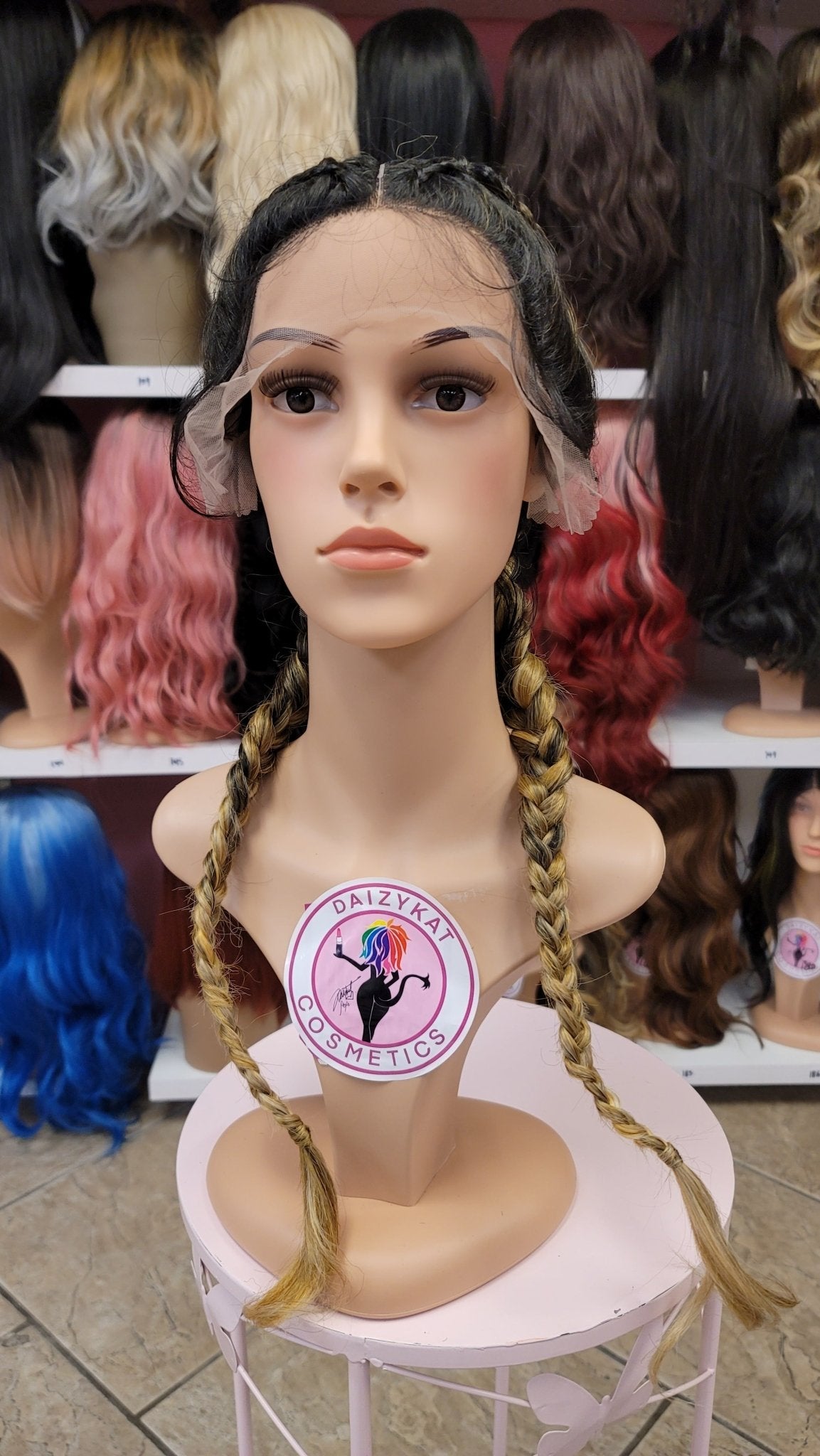 #157 Cici - Braided Middle Part Lace Front Wig - Color 1B/Honey.Blonde - The Pink Makeup Box