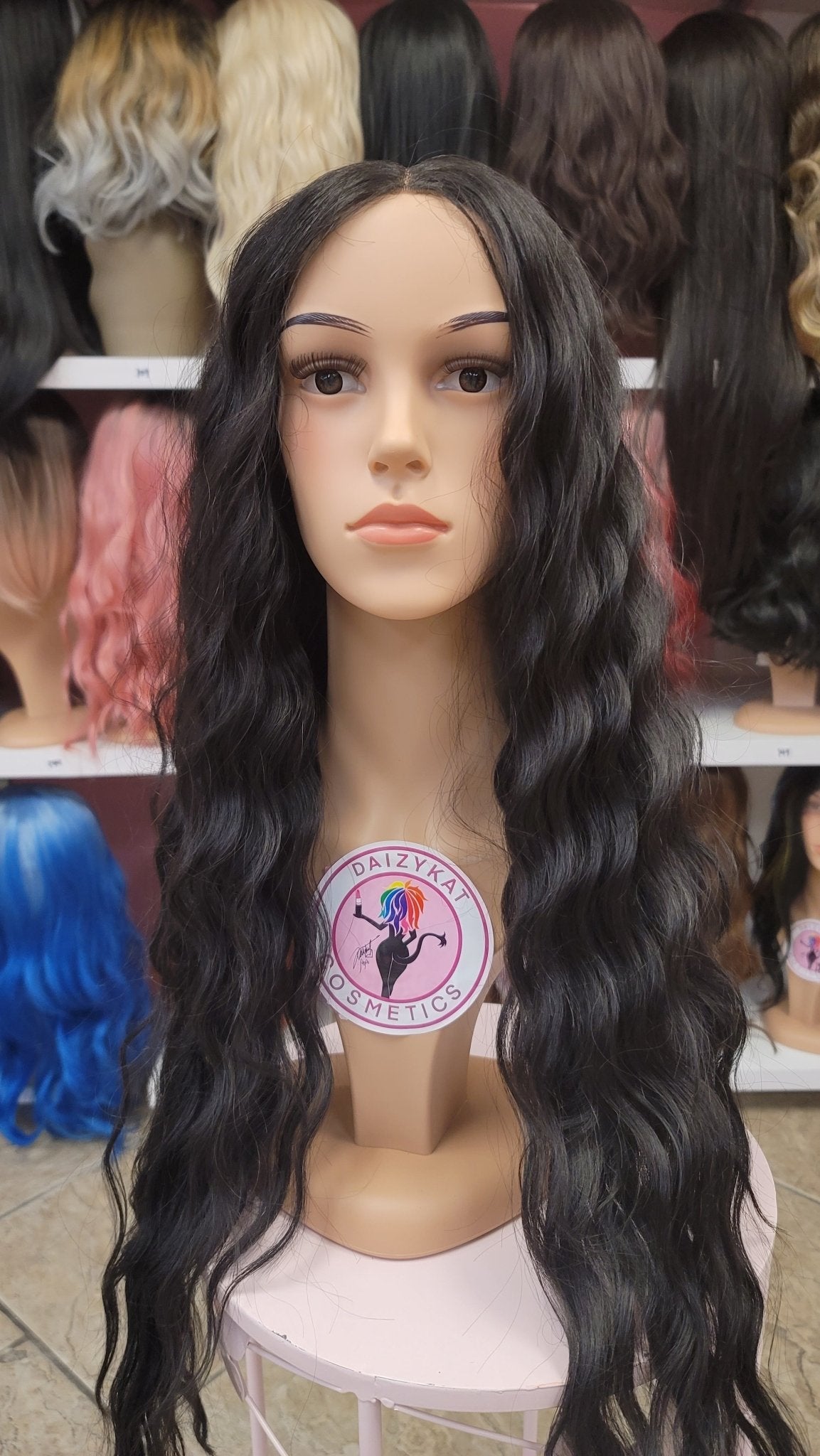 #111 Britney - Middle Parting No Lace Front Wig Human Hair Blend- Color Black 28in - The Pink Makeup Box