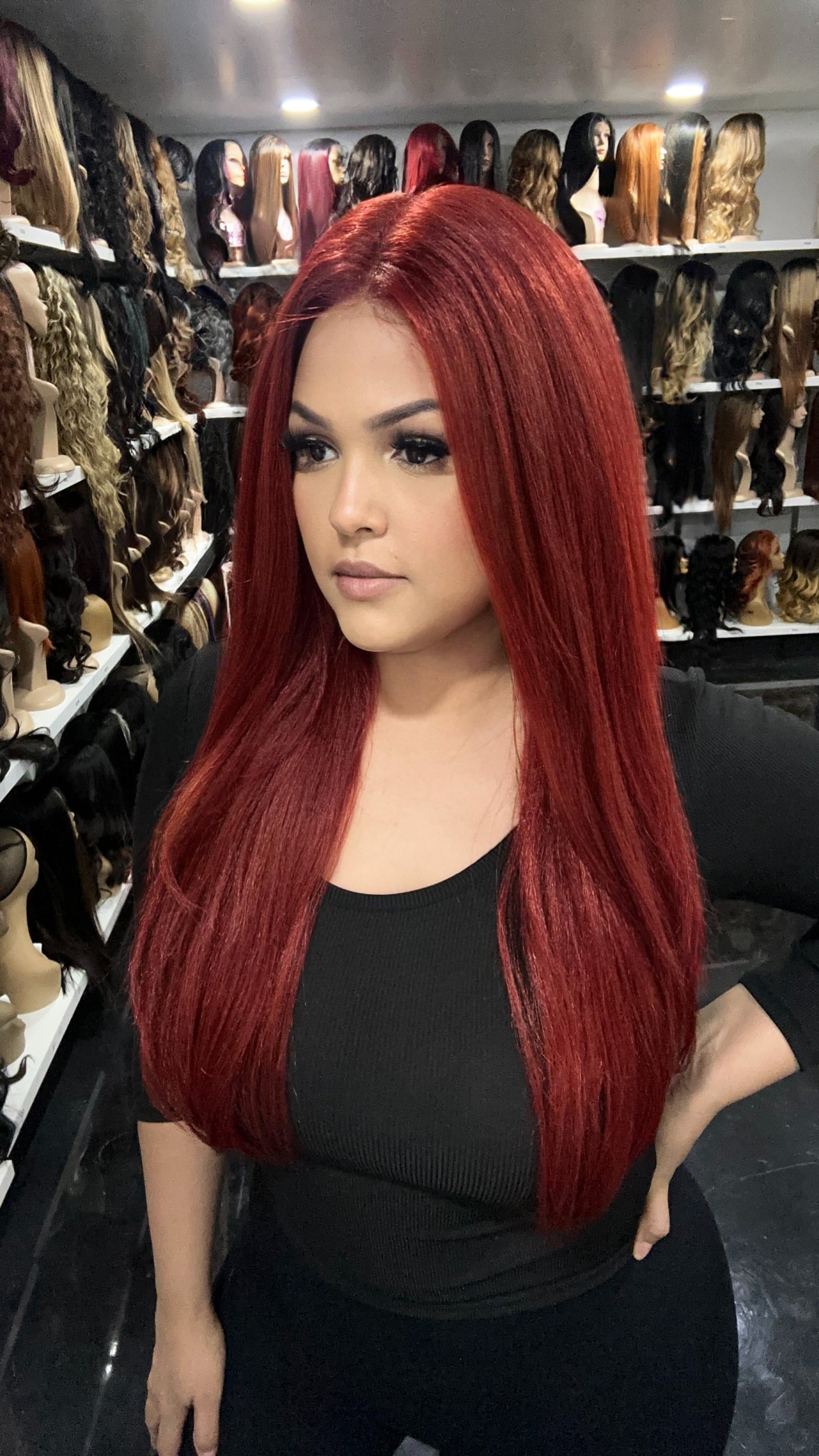 #62 Maya - 13x4 HD Full Lace Frontal Human Hair Blend Wig - Color Red 26in