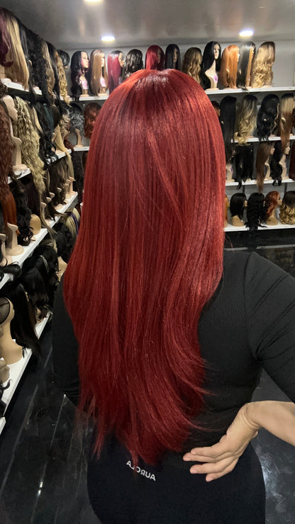 #62 Maya - 13x4 HD Full Lace Frontal Human Hair Blend Wig - Color Red 26in