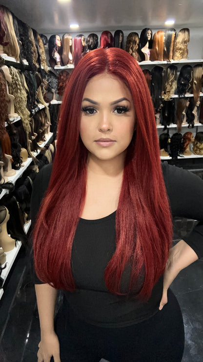 #62 Maya - 13x4 HD Full Lace Frontal Human Hair Blend Wig - Color Red 26in