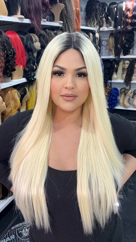 #117- Ivy-Middle Part No Lace Front Wig Human Hair Blend - Color 4/Blonde 28in