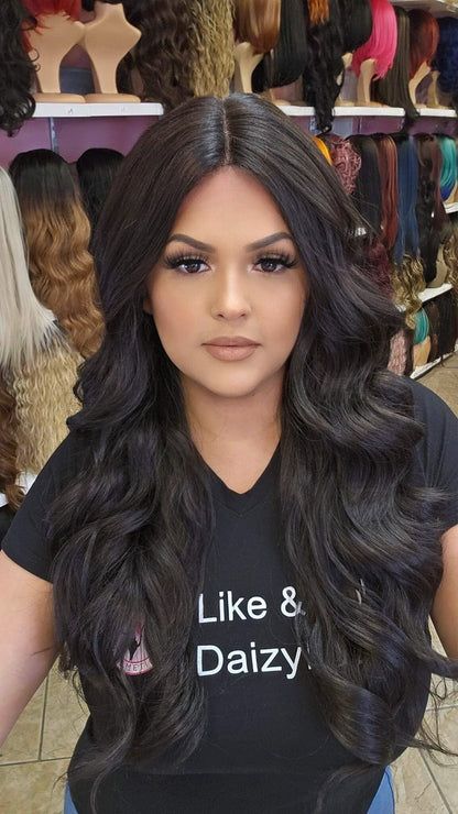 #108 Nadia - Middle Parting Lace Front Wig Human Hair Blend 26" - Color Dark Brown - The Pink Makeup Box