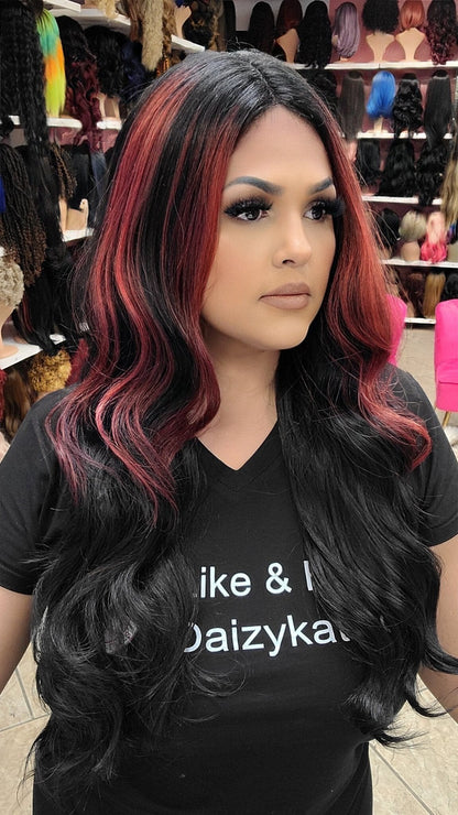 #133 Rose - 24” Middle Part Lace Front Long Wig - 1B/RED