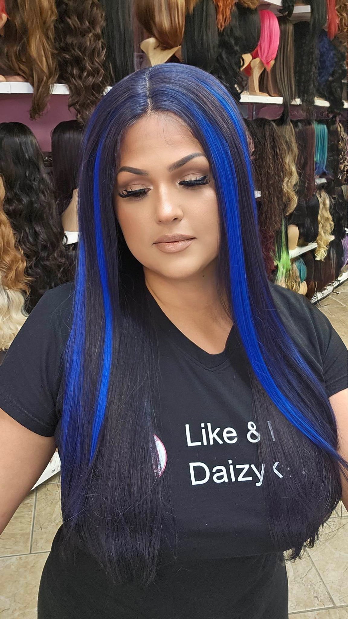 #53 Alexa- Middle Part Lace Front Wig - 1B/BLUE