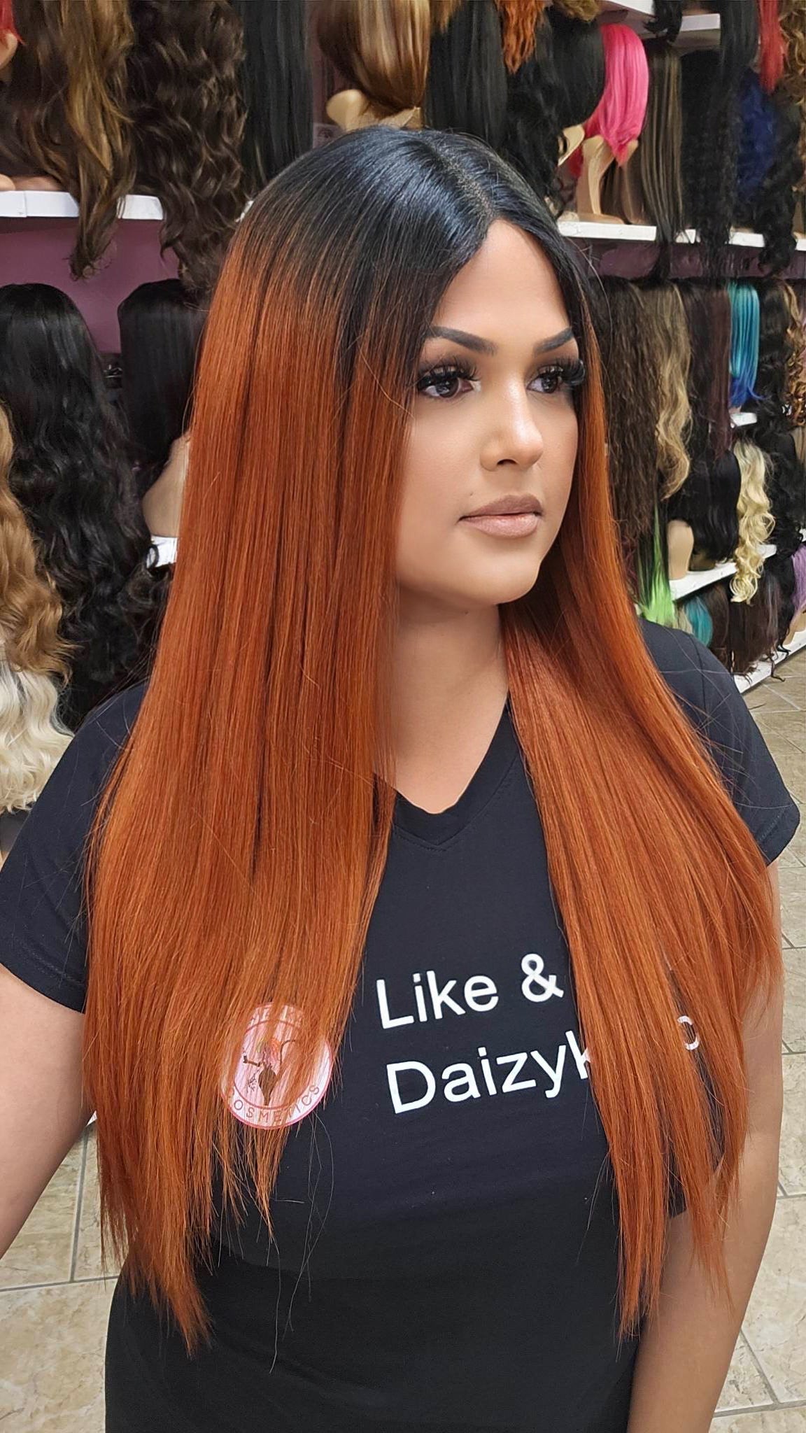 #28 Ivy - Middle Part No Lace Front Wig Human Hair Blend - Color 1B/Orange 28in - The Pink Makeup Box