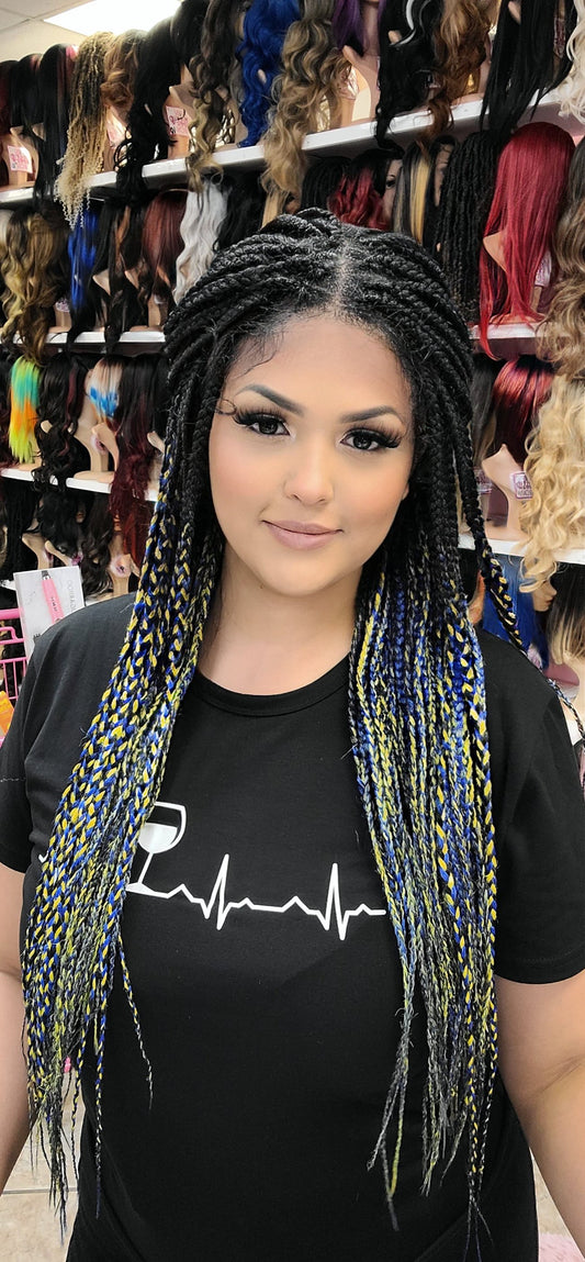 #116 Camila - 13x5 Knotless Box Braid Free Part Wig - 1B/BLUE YELLOW