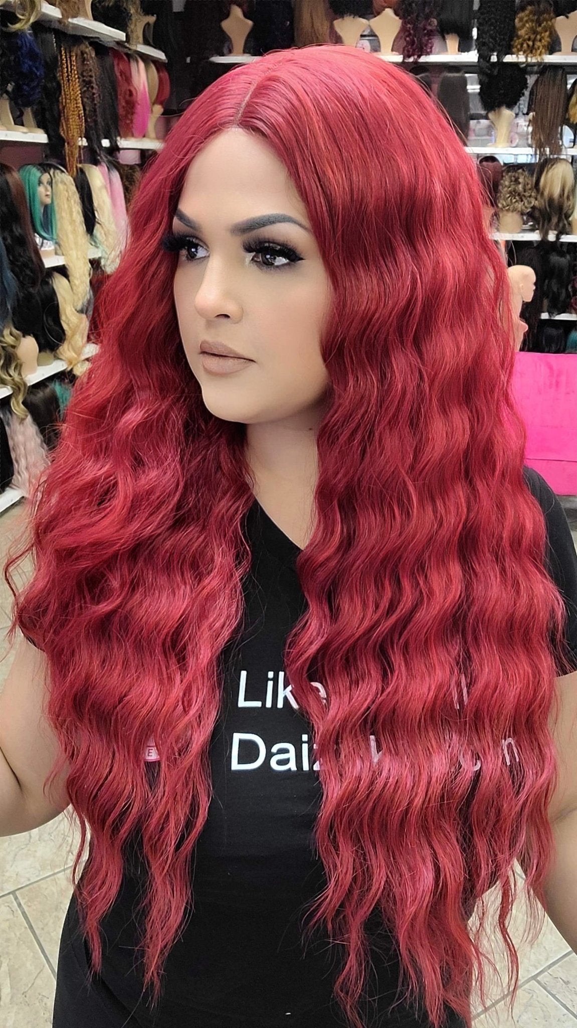#140  Brittney - Middle Part Lace Front Wig Human Hair Blend- RED