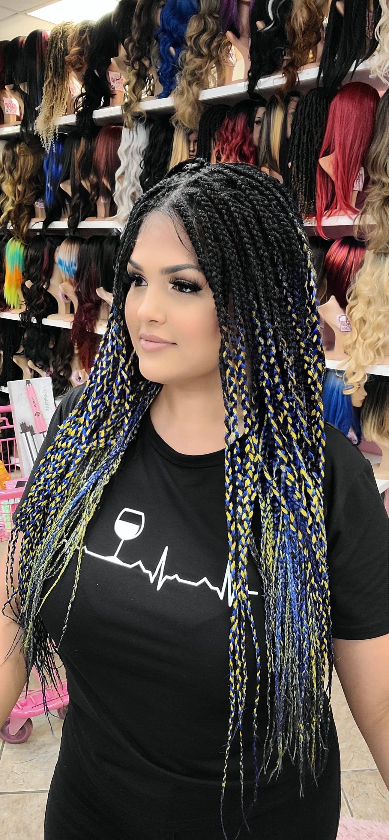 PREORDER - Camila - 13x5 Knotless Box Braid Free Part Wig - 1B/BLUE YELLOW