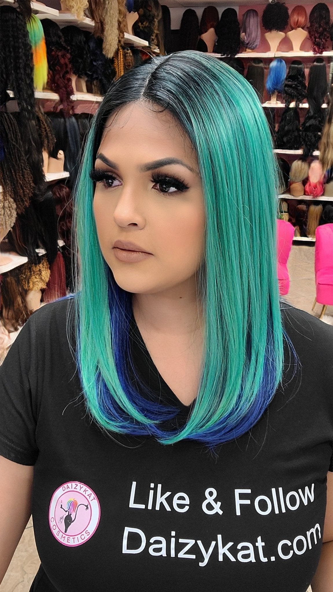 #135 JANE - Middle Part Lace Front Wig - 1B/BLUE/GREEN