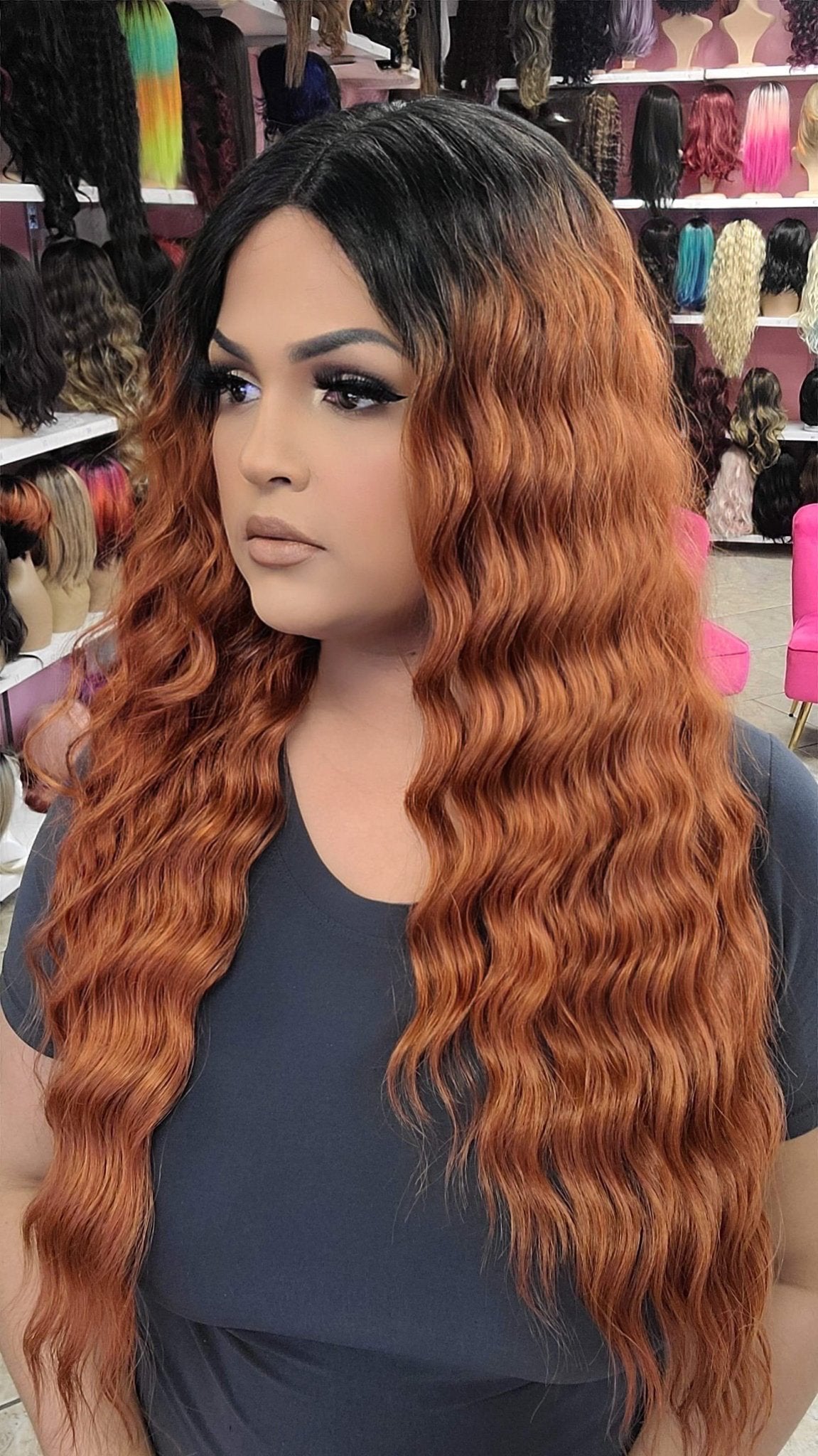 #144 Brittney - Middle Part Lace Front Wig Human Hair Blend- COPPER