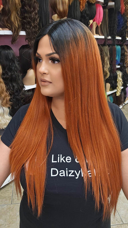 #28 Ivy - Middle Part No Lace Front Wig Human Hair Blend - Color 1B/Orange 28in - The Pink Makeup Box