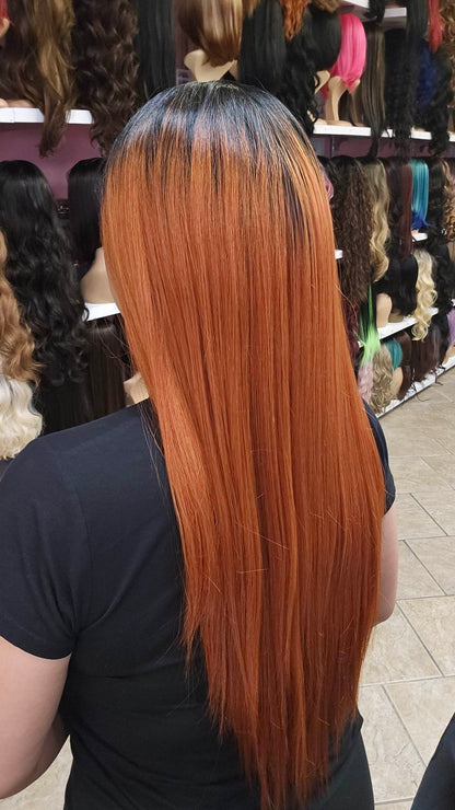 #28 Ivy - Middle Part No Lace Front Wig Human Hair Blend - Color 1B/Orange 28in - The Pink Makeup Box